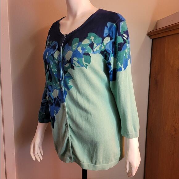Isaac Mizrahi Seafoam Blue Floral Cotton Cardigan L Graphic Chic Lightweight - Picture 5 of 11